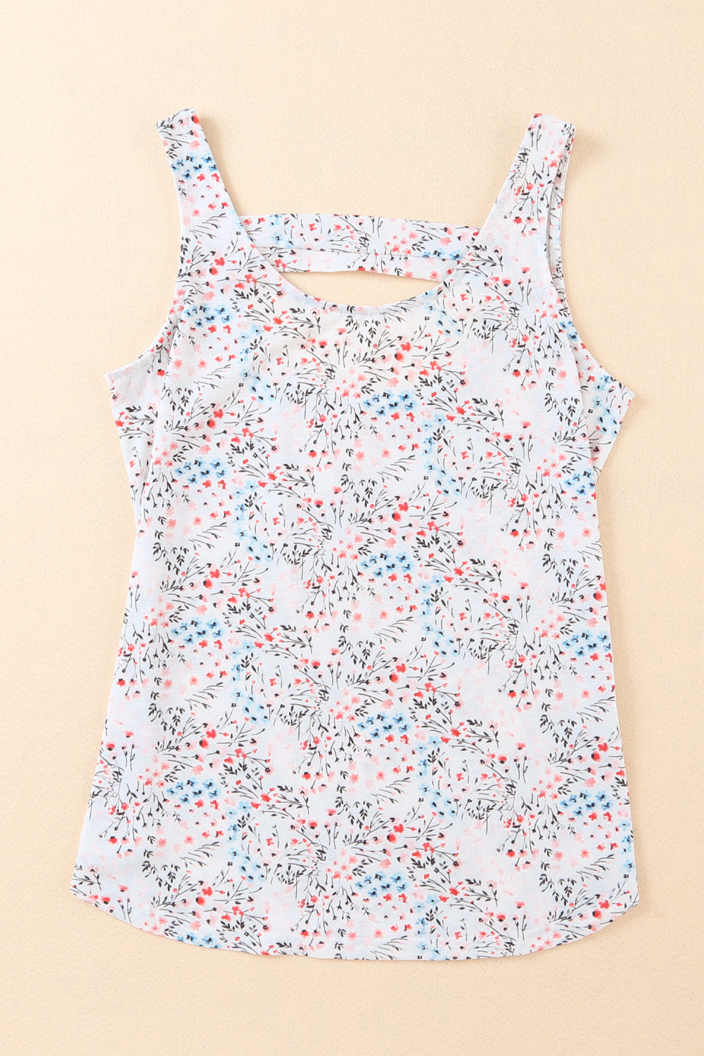 White Floral Print Cut-out U Neck Tank Top