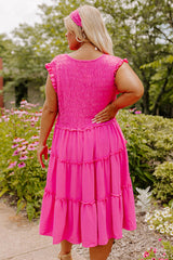 Pink Plus Size Solid Frill Tiered V Neck Smocked Dress