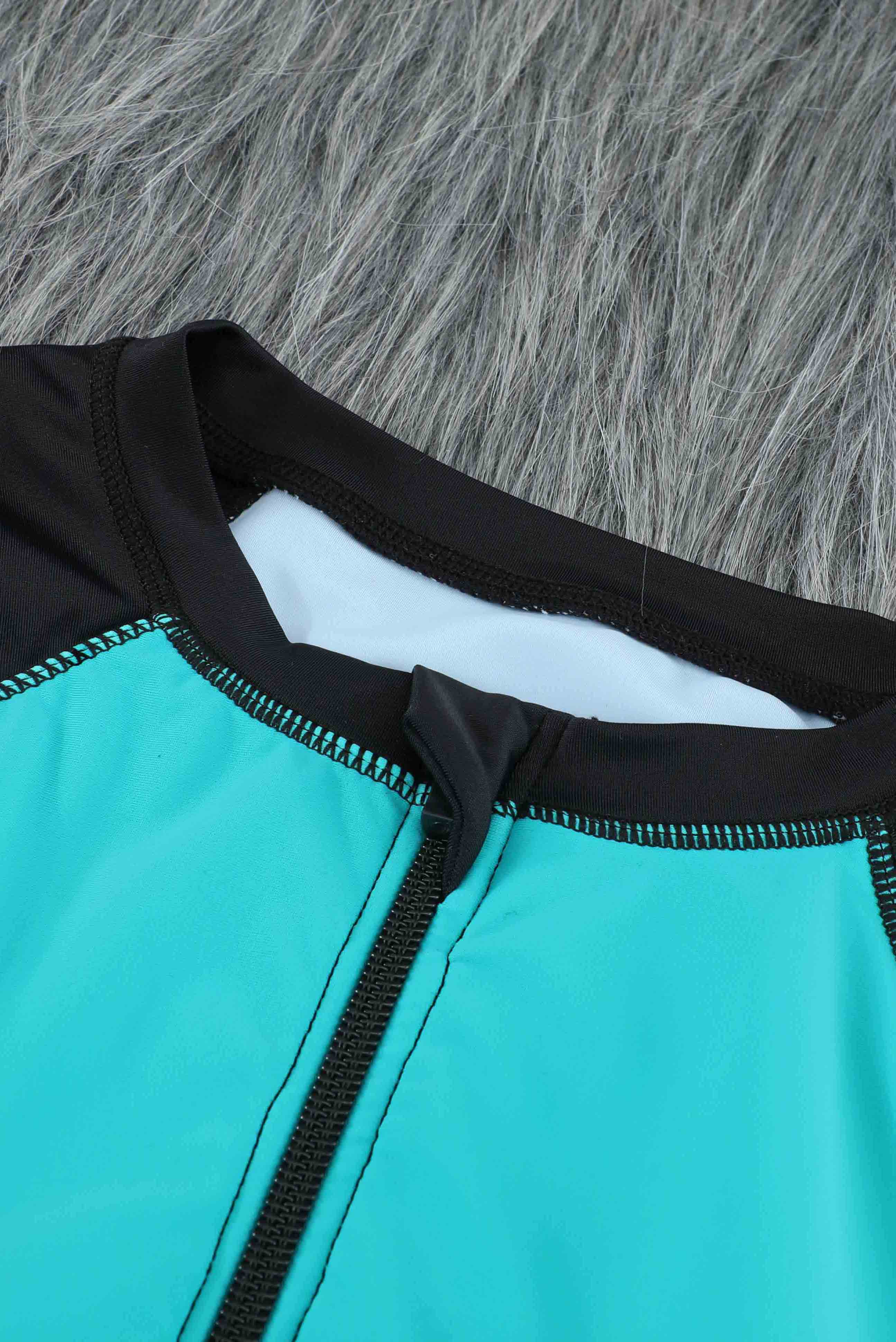 Blue Color Block Zipper Long Sleeve Rash Guard Swimwear