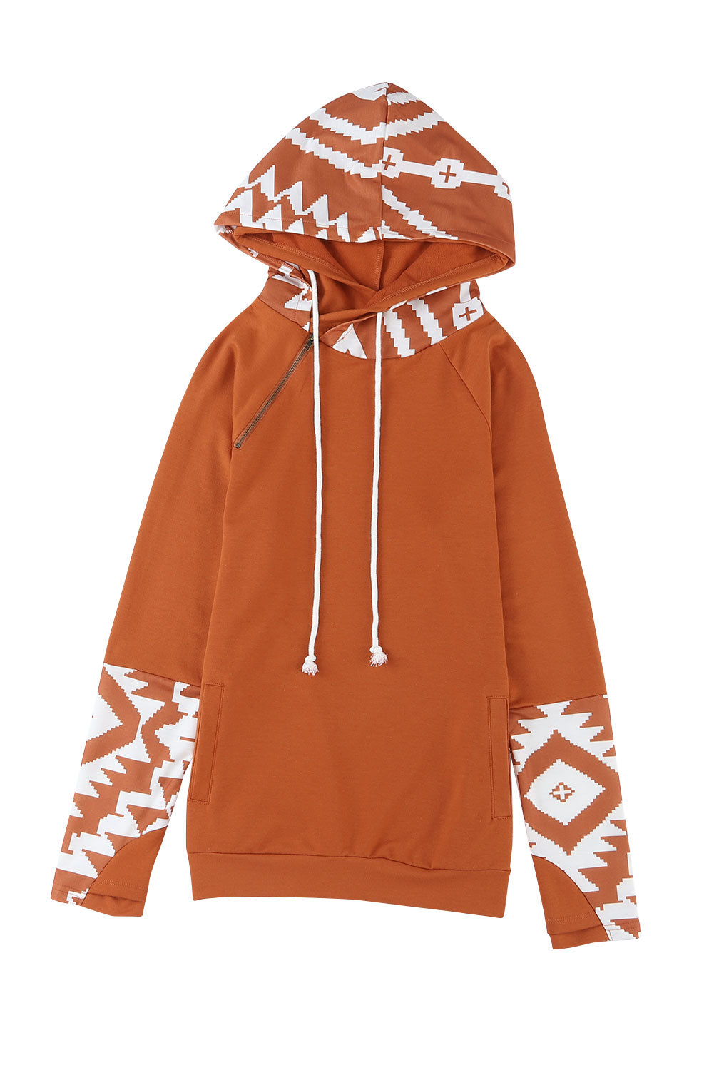 Brown Aztec Print Patchwork Thumb Hole Hoodie