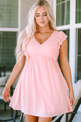 Pink Ruffle Short Sleeves V Neck Pocket Mini Dress