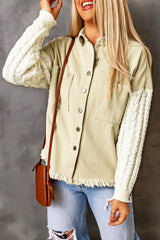 Khaki Cable Knit Sleeves Raw Hem Denim Jacket