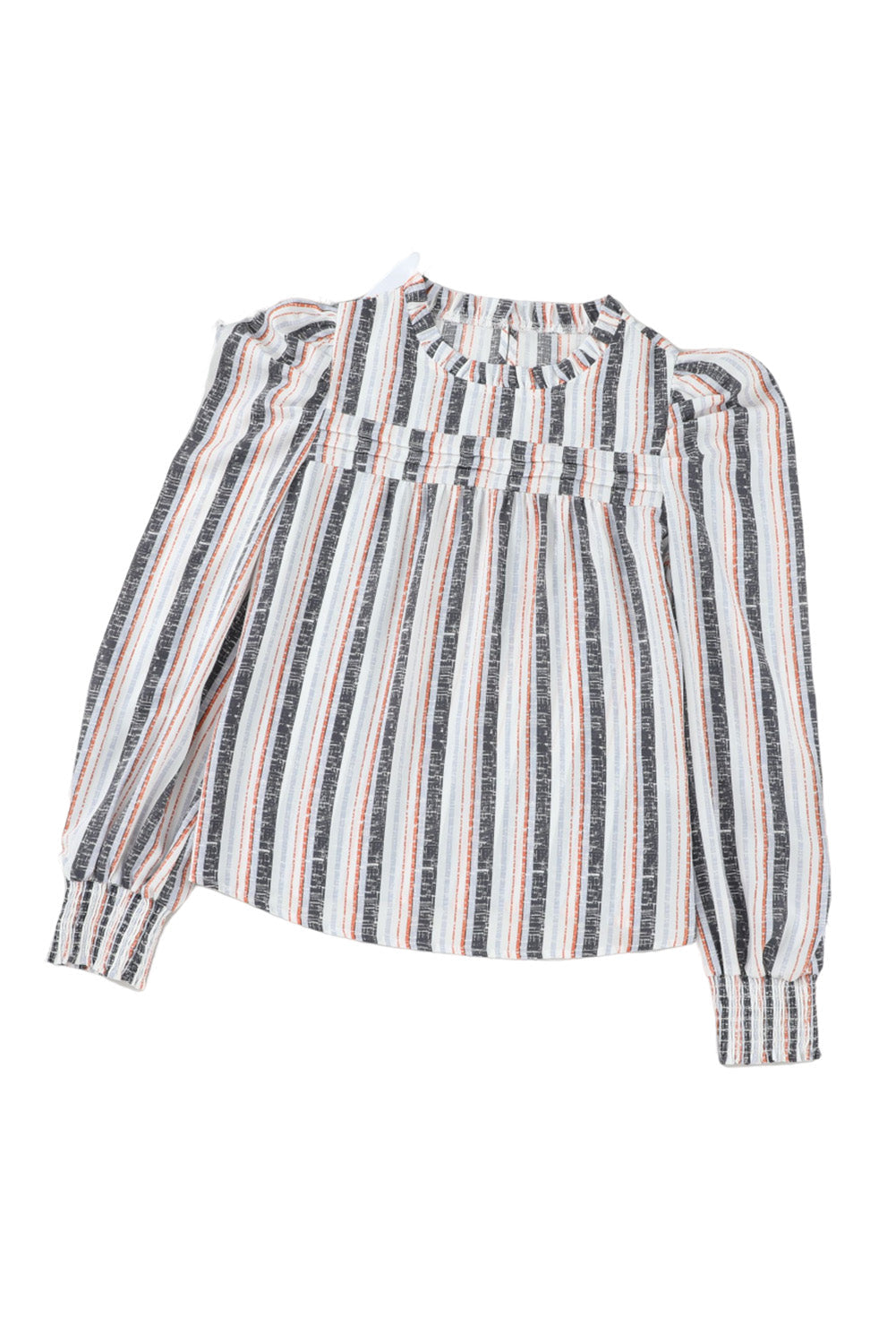 Gray Striped Colorblock Puff Sleeve Frilled Neck Blouse