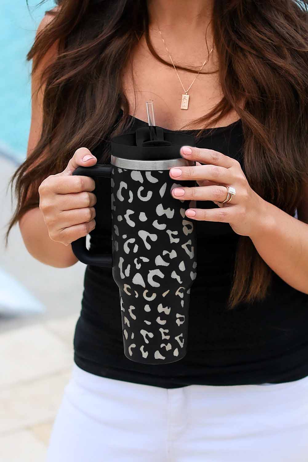 White Leopard Print 40OZ Stainless Steel Portable Cup with Handle