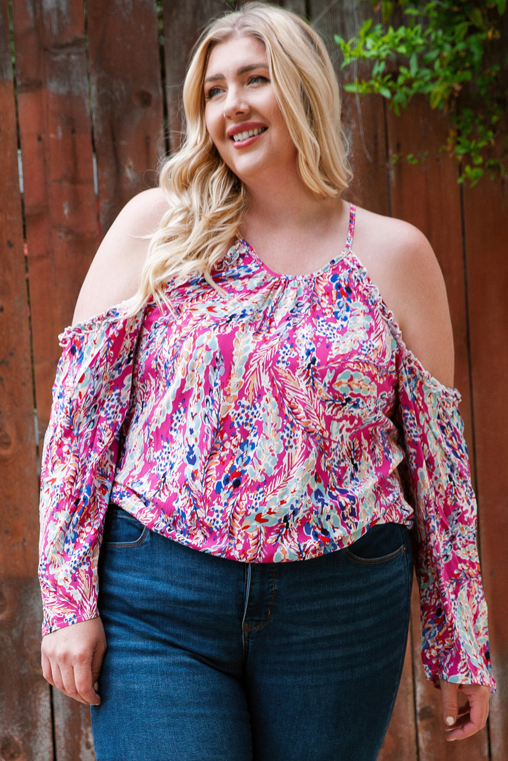 Pink Floral Print Cold Shoulder Plus Size Top