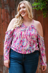 Pink Floral Print Cold Shoulder Plus Size Top