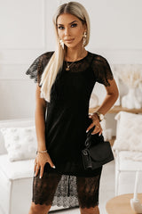 Black Solid Color Lace Crochet Zipped Midi Dress