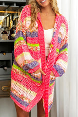 Rose Striped Knitted Hooded Open Front Cardigan