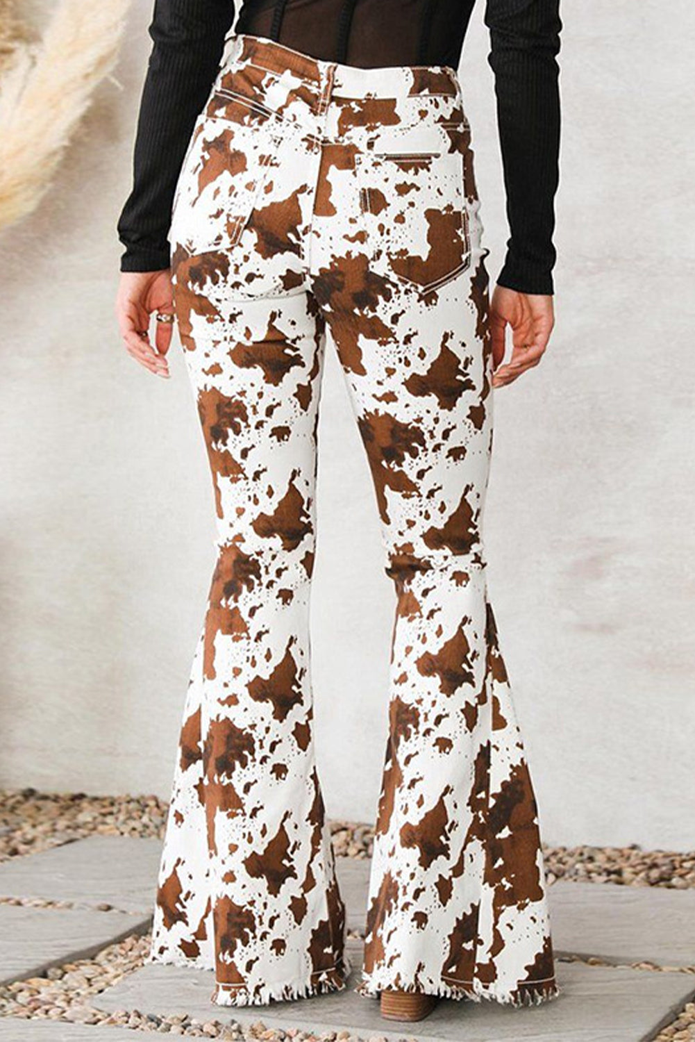 Brown Abstract Print Raw Hem High Waist Flare Pants