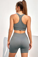 Gray Zipped Ribbed Racerback Sports Bra