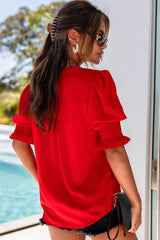 Red Solid Color Half Sleeve V Neck Blouse