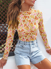 Multicolor Floral Lettuce Hem Long Sleeve Top