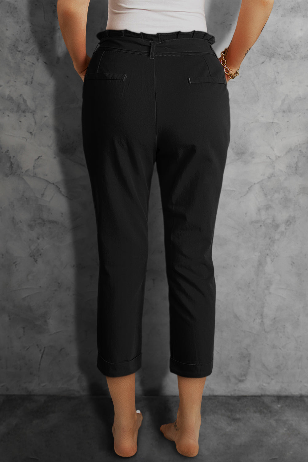 Black Paperbag Belt High Waist Straight Leg Pants