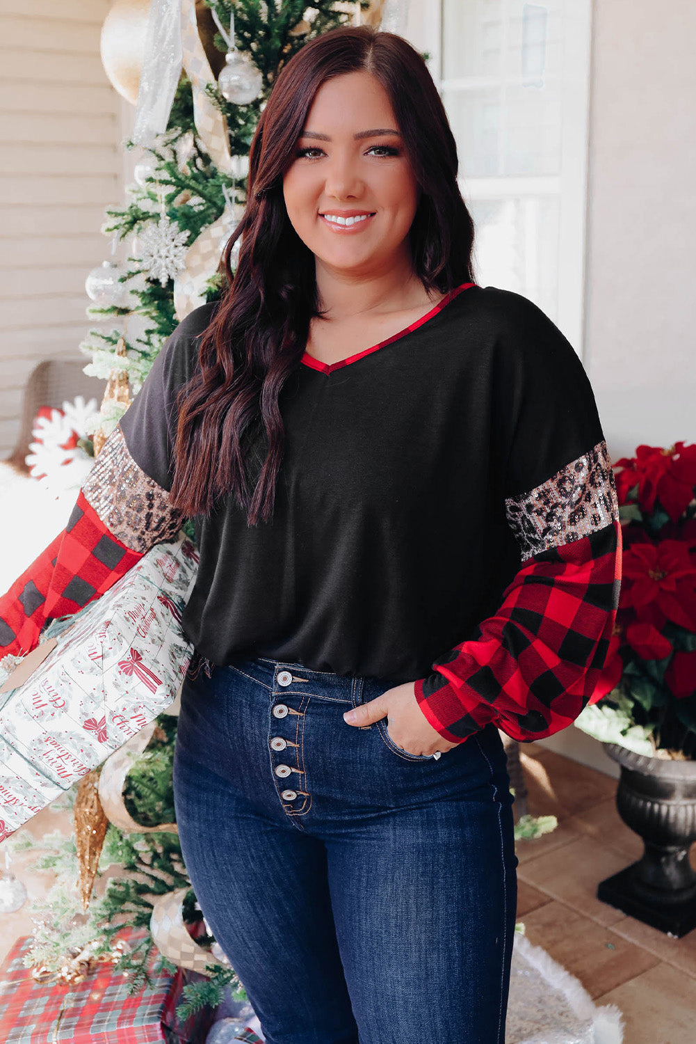 Black Sequined Leopard Insert Plaid Sleeve Plus Size Top