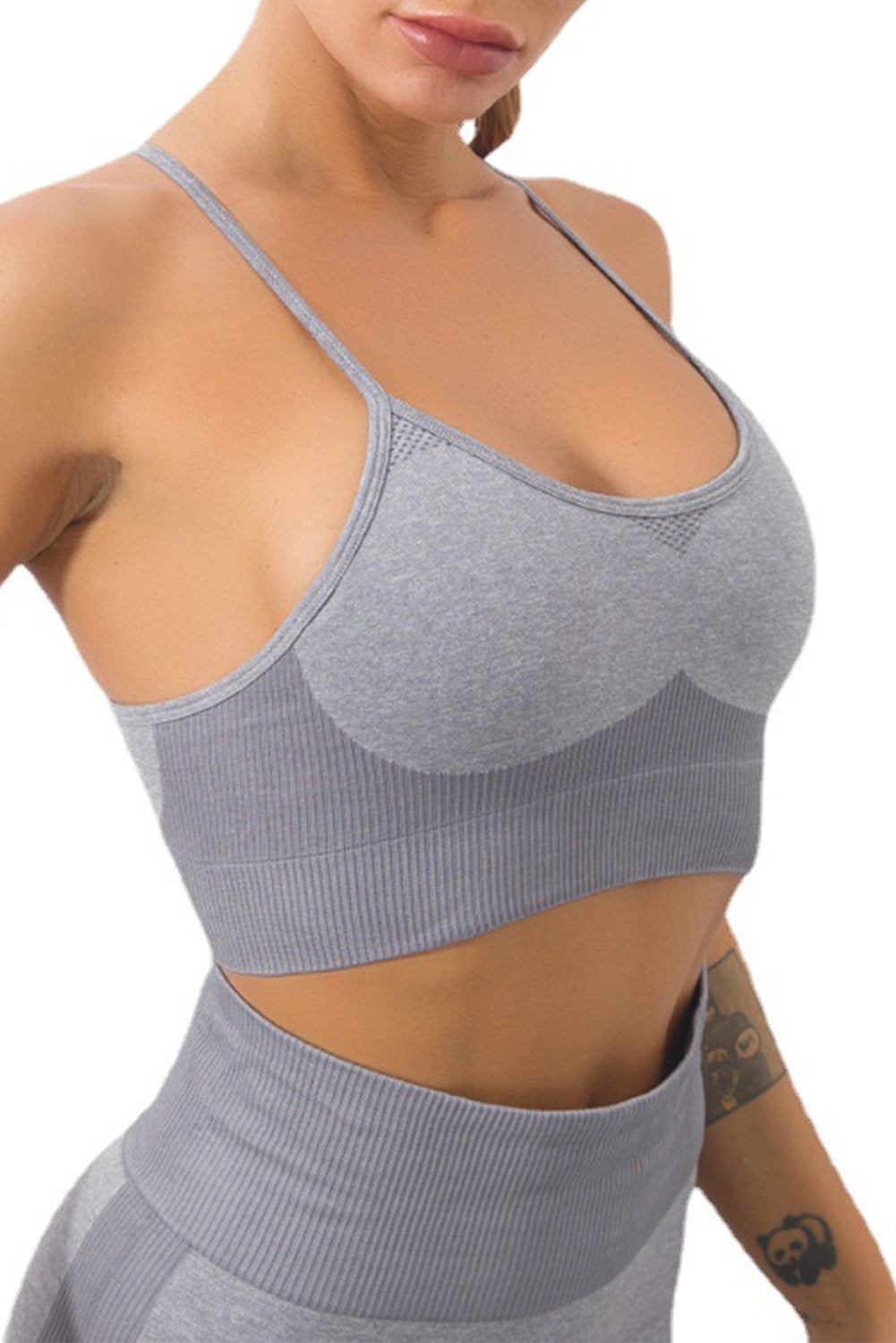 Gray Ribbed Trim Spaghetti Strap Sports Bra