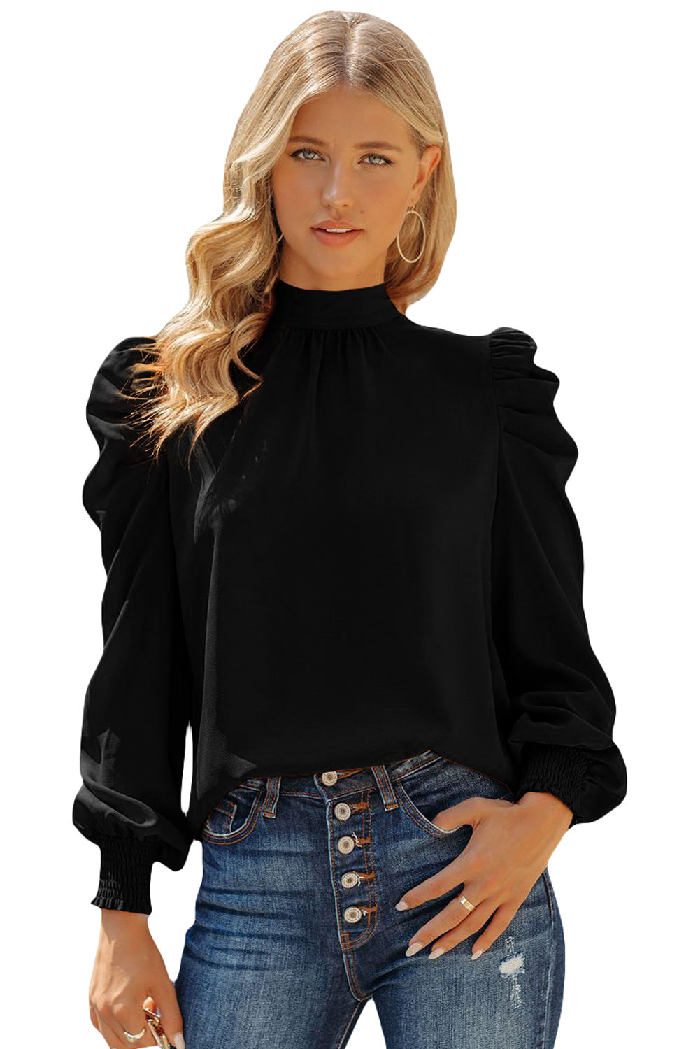 Black Long Bubble Sleeve Mock Neck Chiffon Top