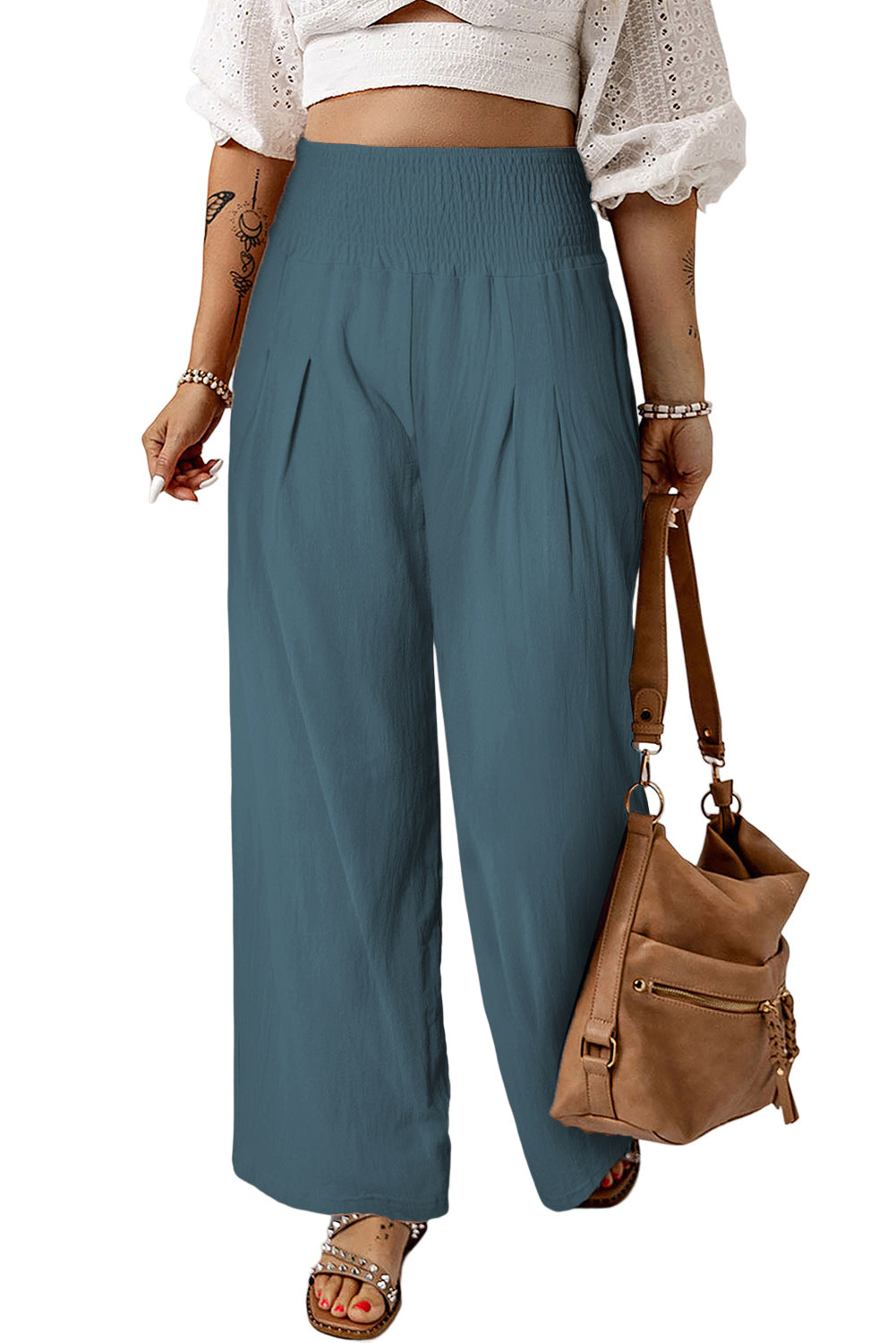 Black Smocked Wide Waistband High Waist Wide Leg Pants