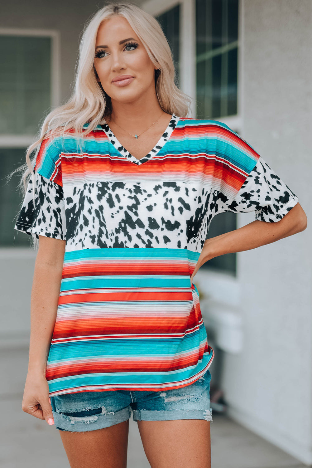 Western Serape Cow Color Block V Neck Top