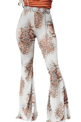 White Western Vintage Print High Waist Bell Pants