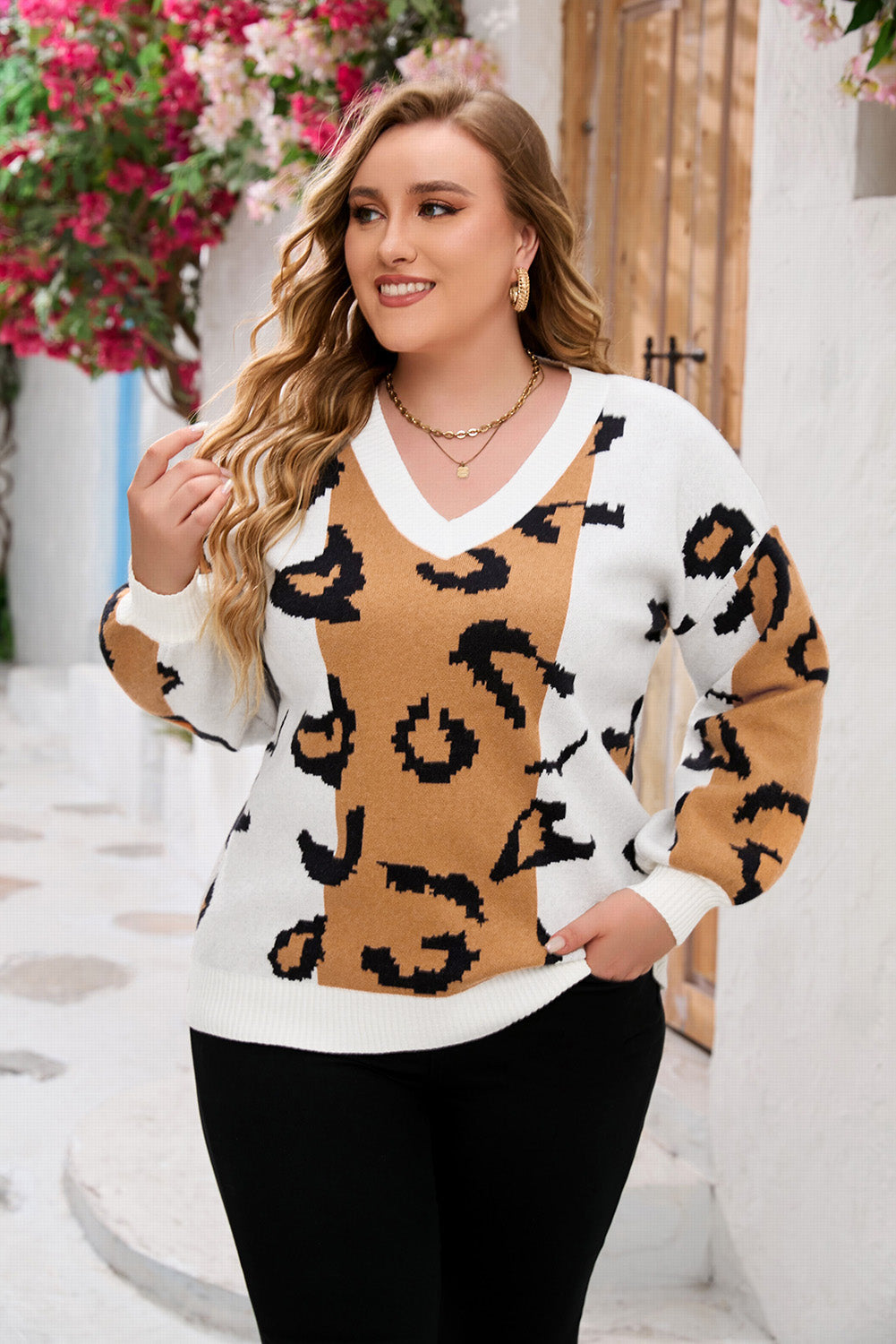 Orange Leopard Print Colorblock Drop Shoulder Plus Size Sweater