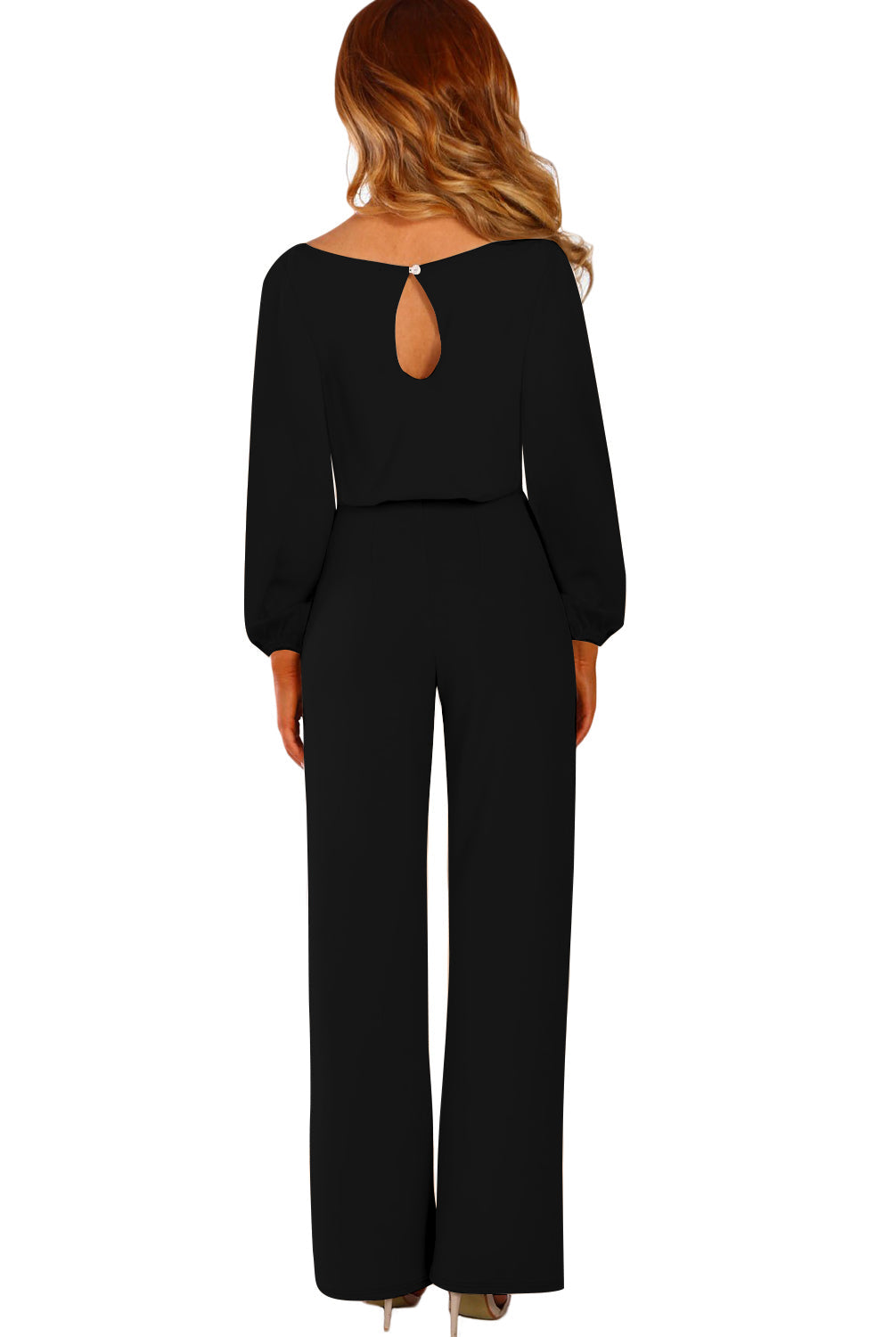 Black Boat Neck Bubble Sleeve Straight Legs Jumpsuit with Belt Tie