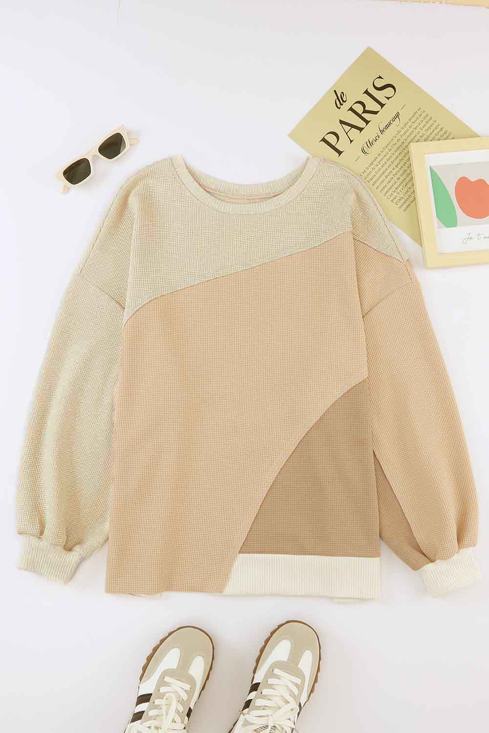Khaki Irregular Colorblock Patchwork Pullover Sweatshirt