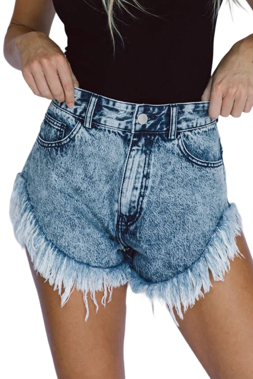 Sky Blue Dark Acid Wash Raw Hem Jean Shorts