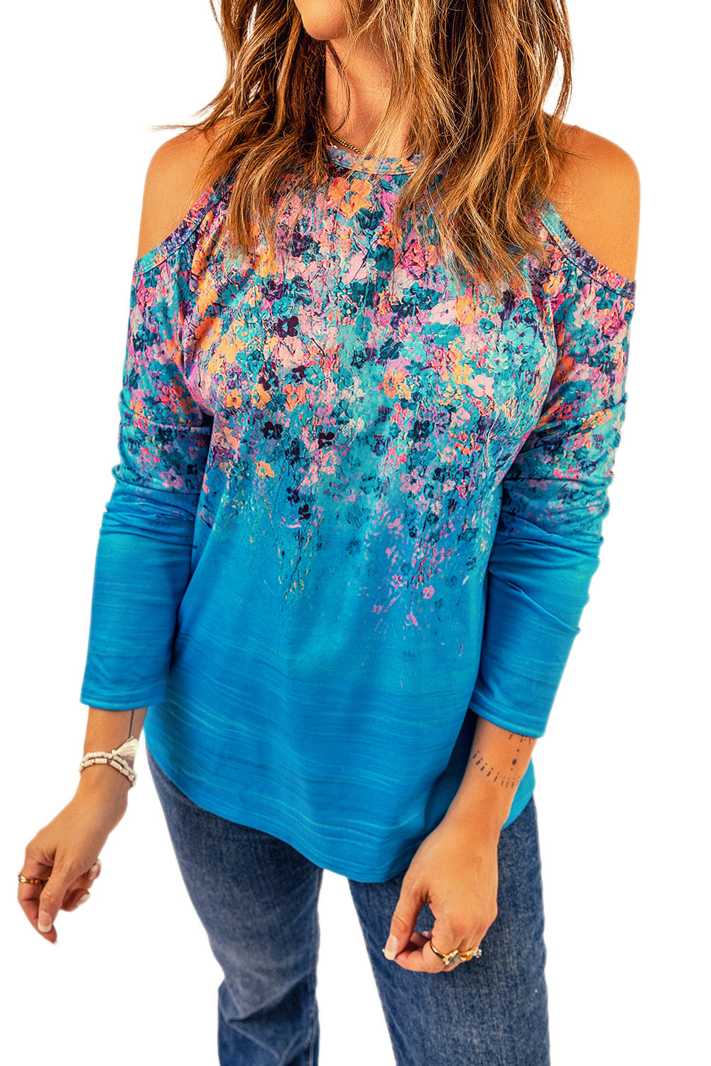 Sky Blue Floral Print Cold Shoulder Top