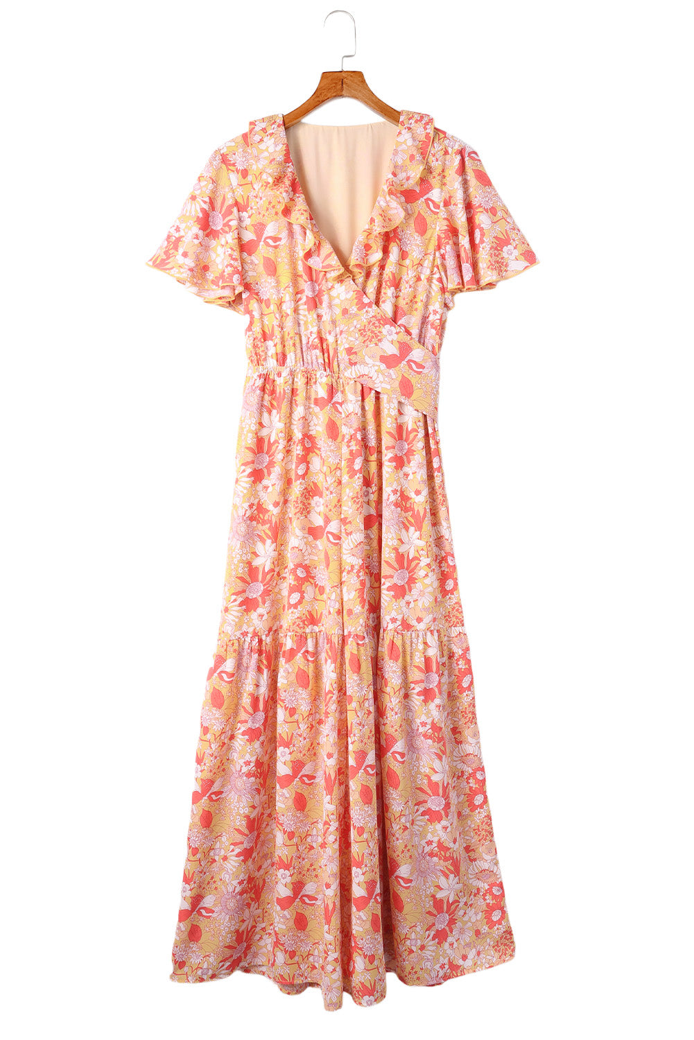 Orange Floral Print Ruffled V Neck High Waist Jumpsuit