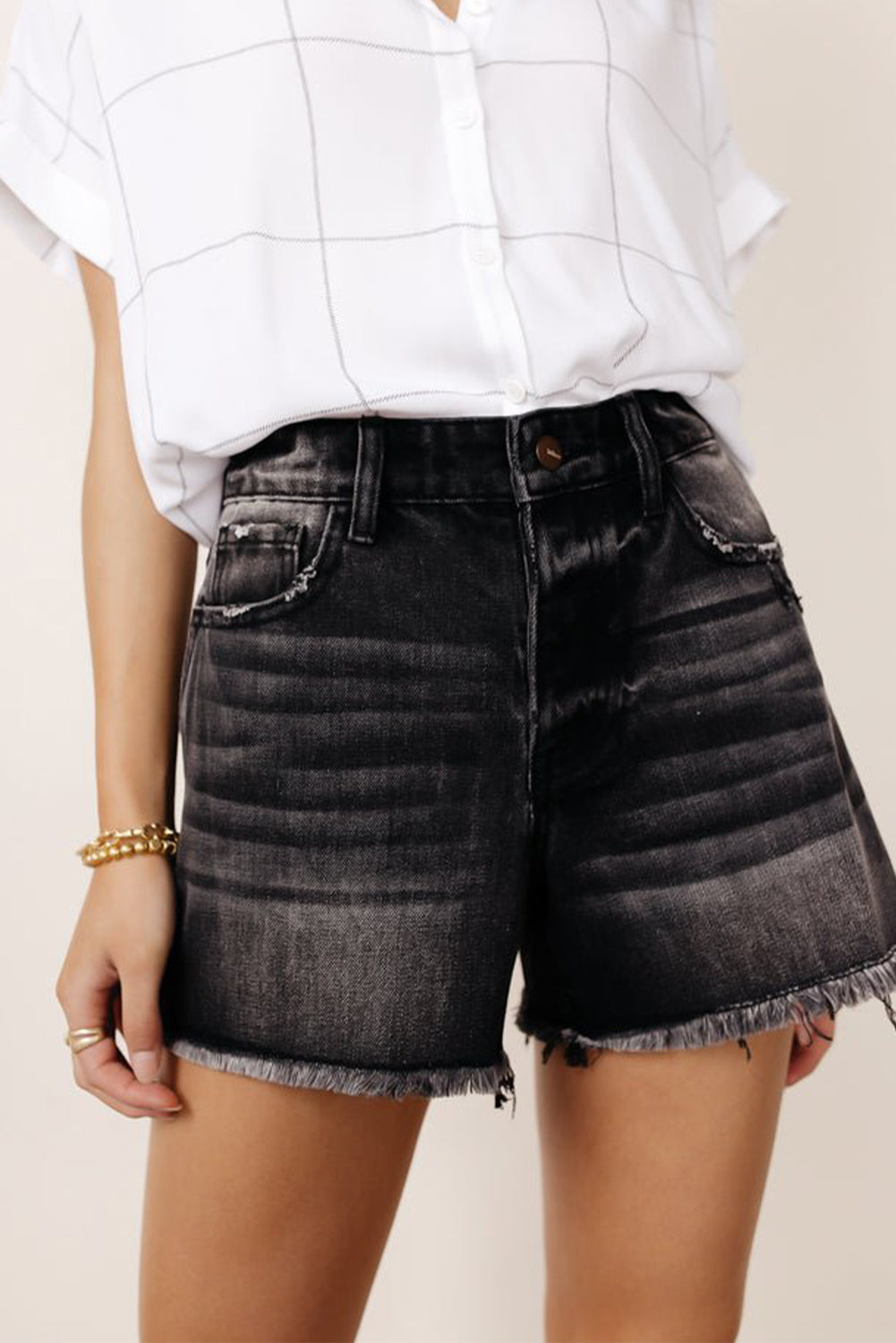 Black Vintage Washed High Waist Frayed Cutoff Denim Shorts