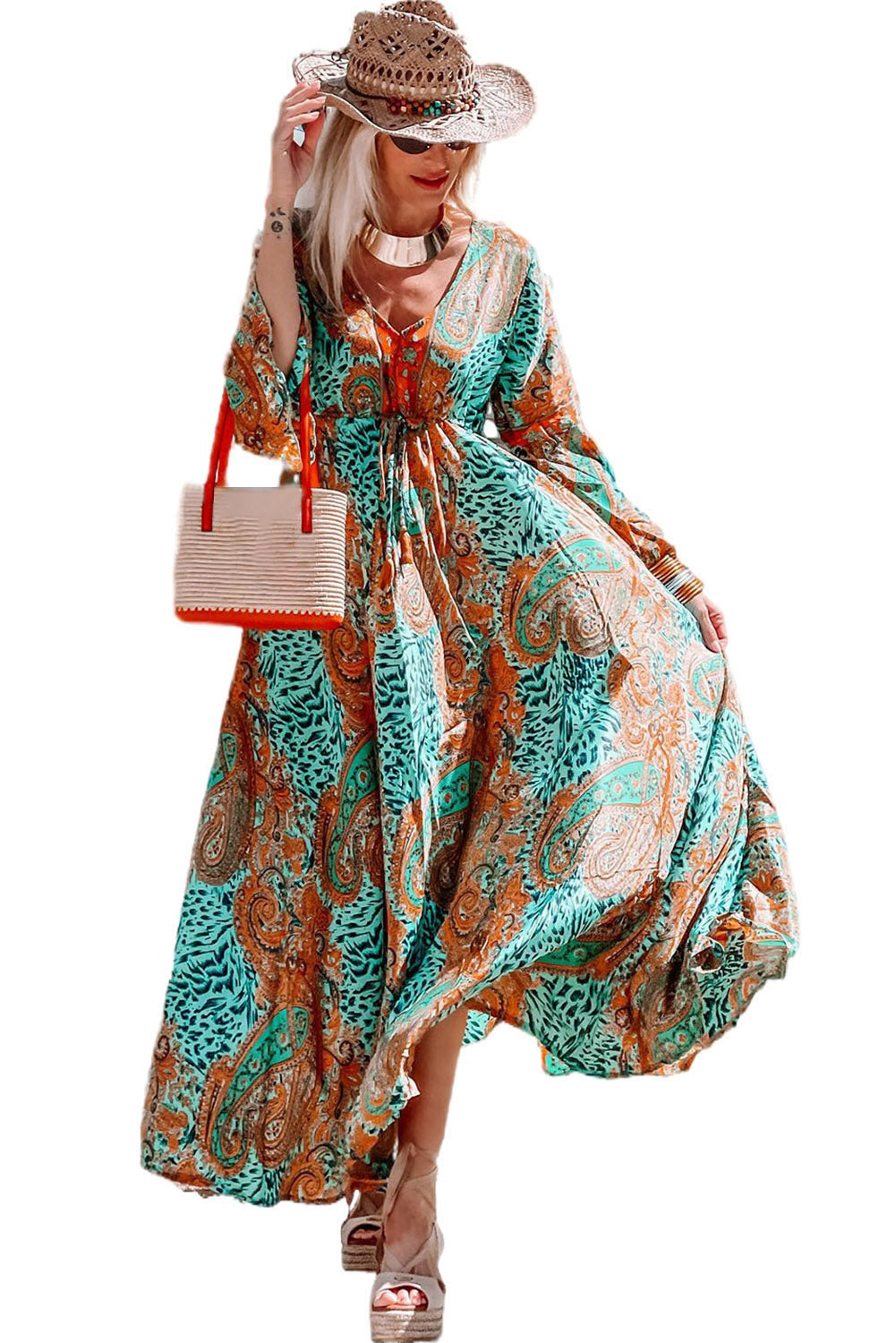 Green Boho Paisley Mix Print Long Sleeve V-Neck Tie Maxi Dress