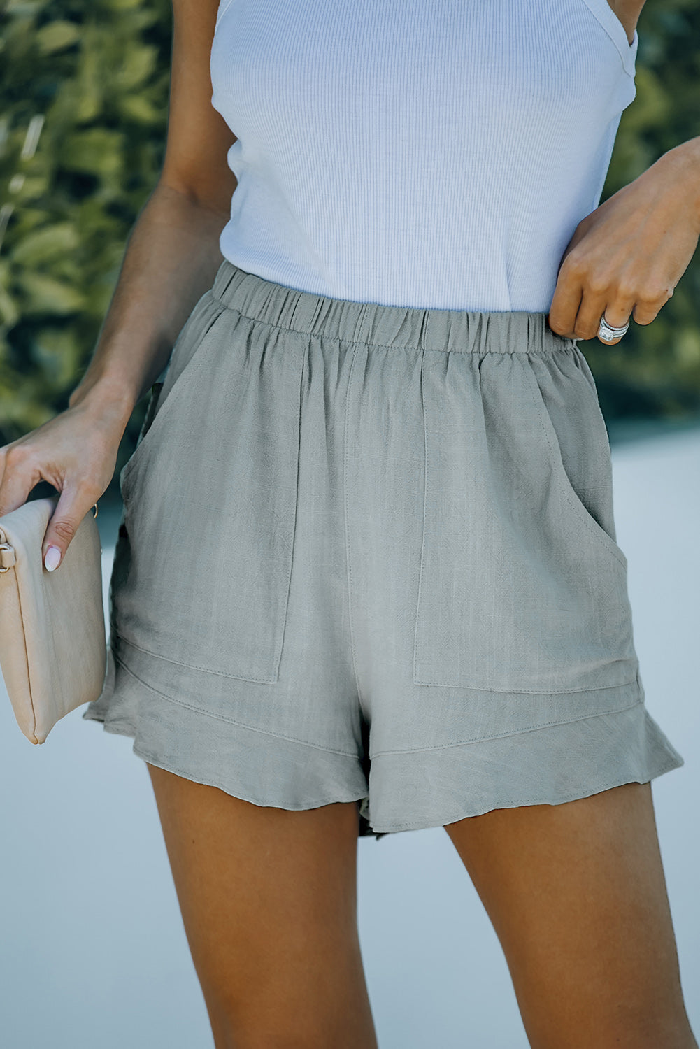 Khaki High Waist Pocketed Ruffle Shorts