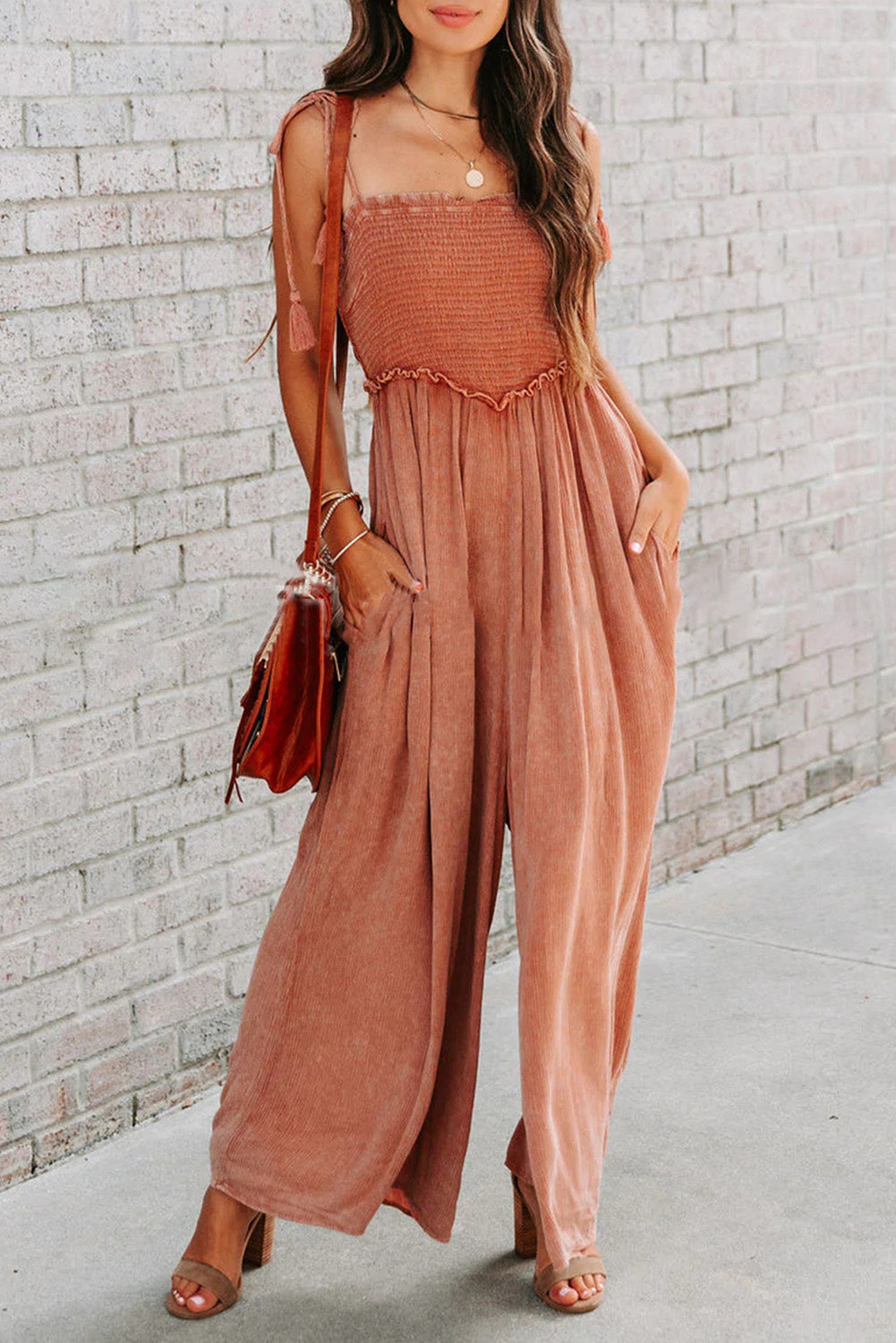 Orange Retro Washed Spaghetti Straps Smocked Wide Leg Jumpsuit