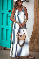 Blue Striped V Neck Sleeveless Maxi Dress