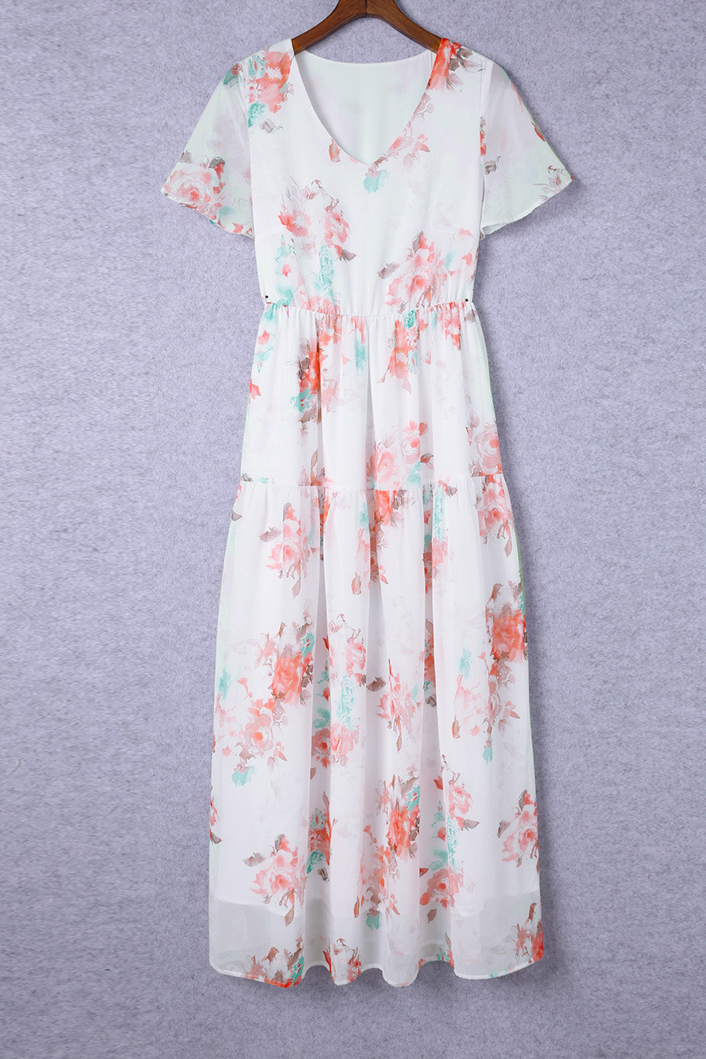 White V Neck Short Sleeves Floral Print Maxi Dress