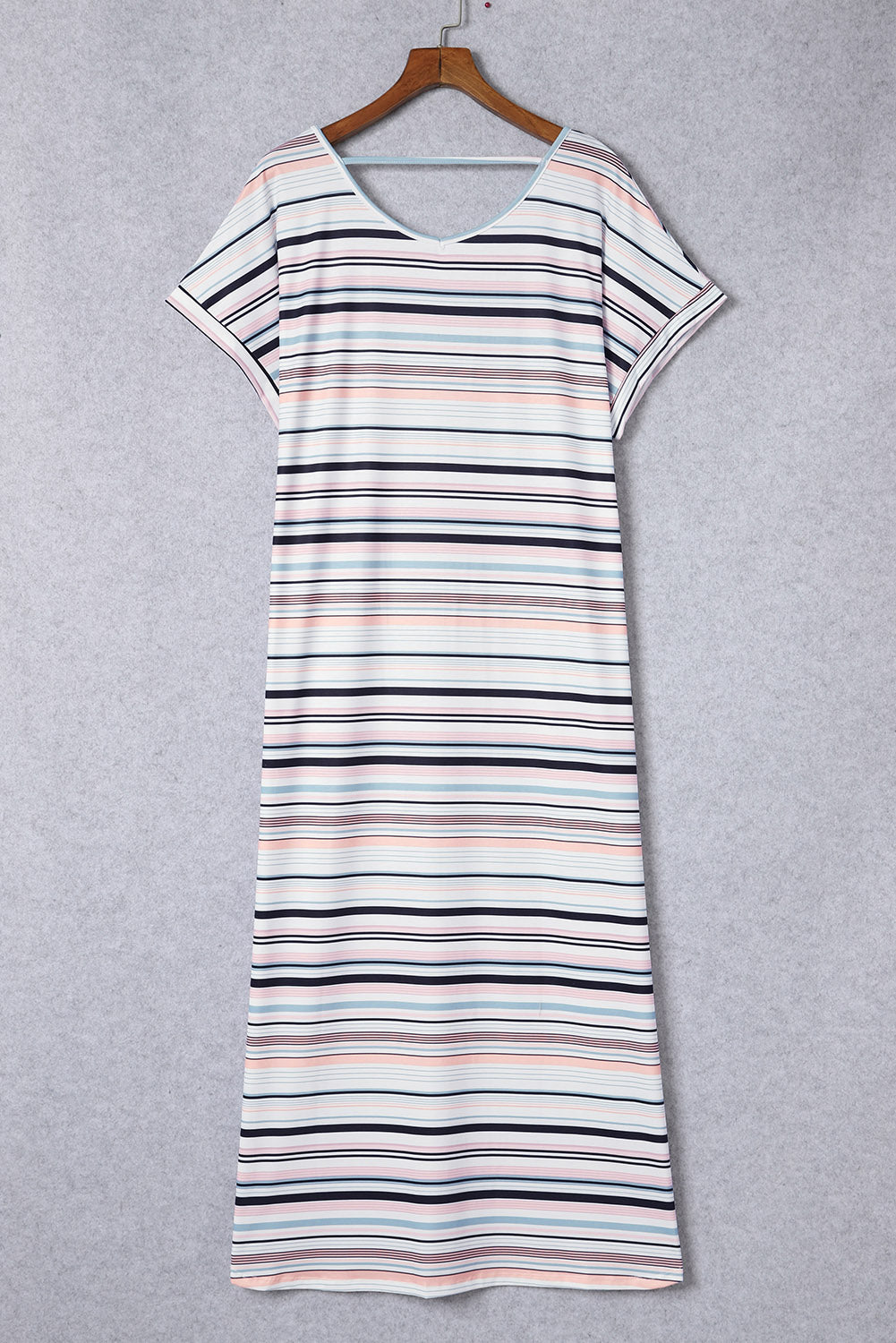 White Striped Print V Neck Side Split Plus Size Dress