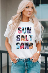 White Coconut Tree SUN SALT SAND Graphic Tee