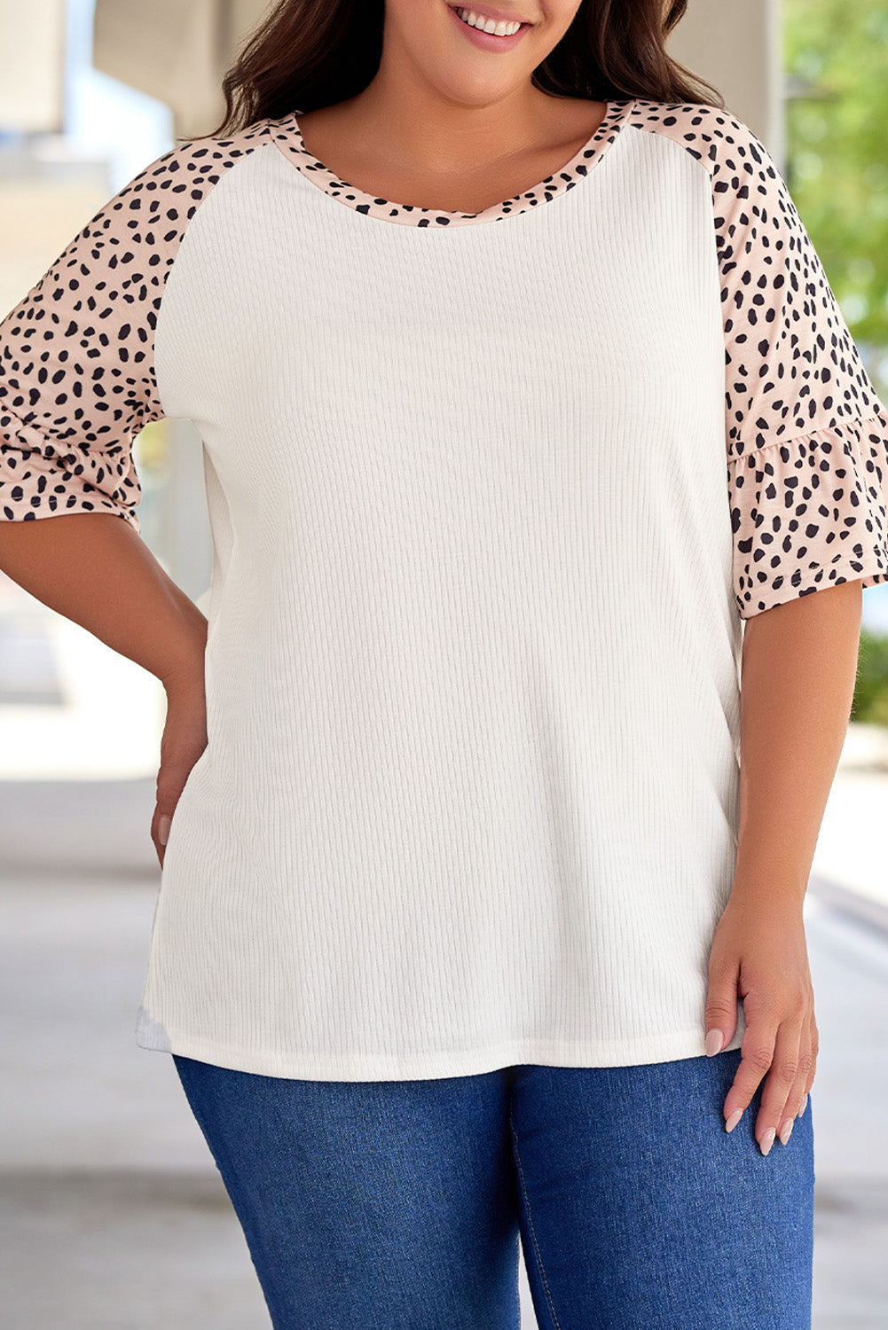 Leopard Splice Ruffle Half Sleeve Plus Size T Shirt