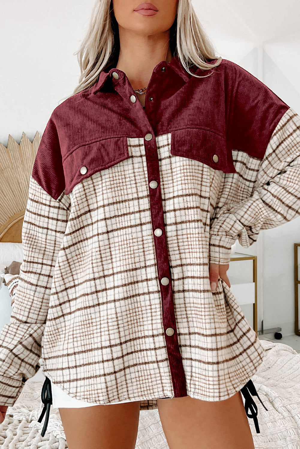 Brown Plaid Patchwork Button-up Shift Shirt Jacket