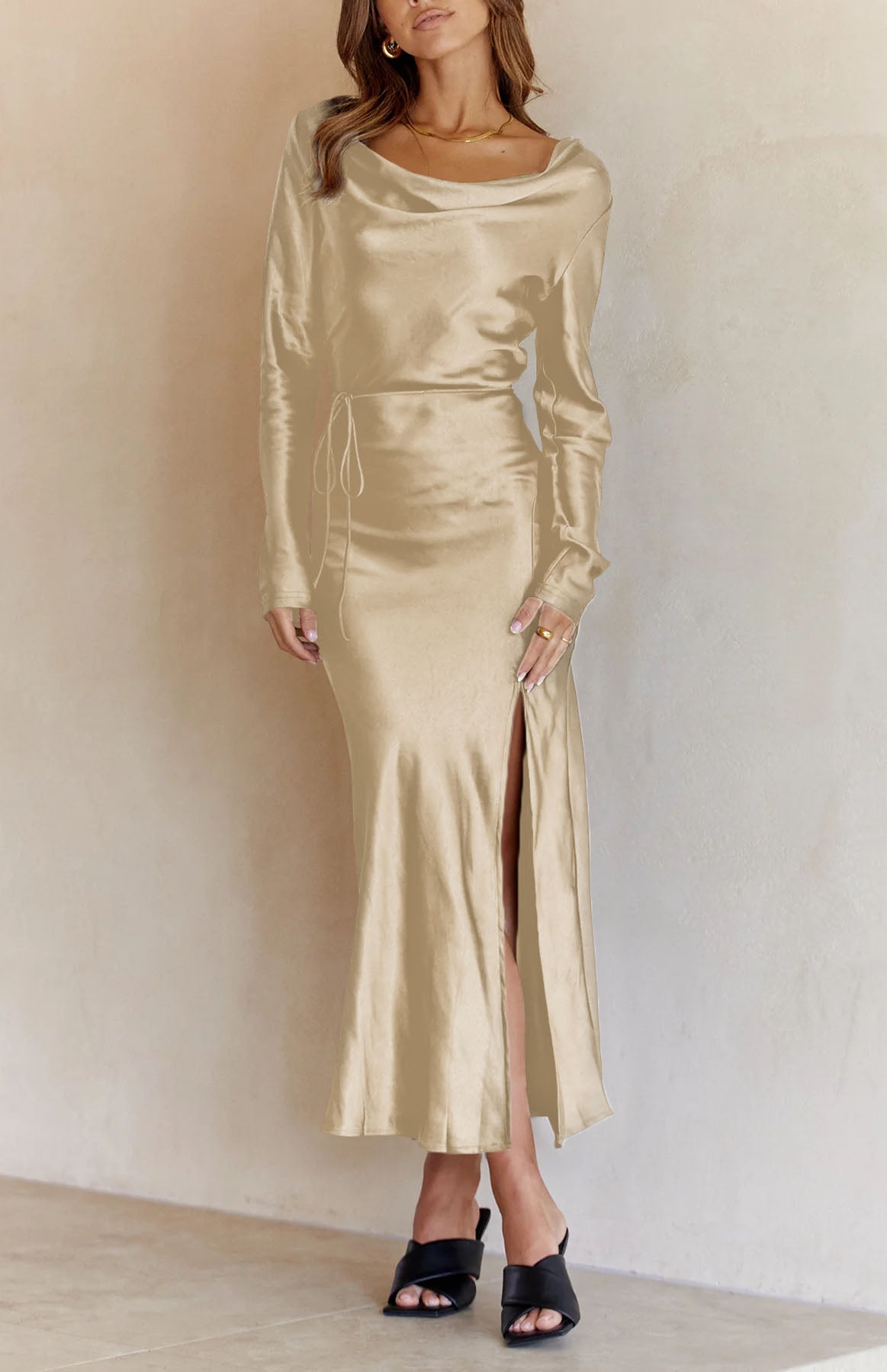 Black Drape Neck Tie Waist Long Sleeve Slit Dress