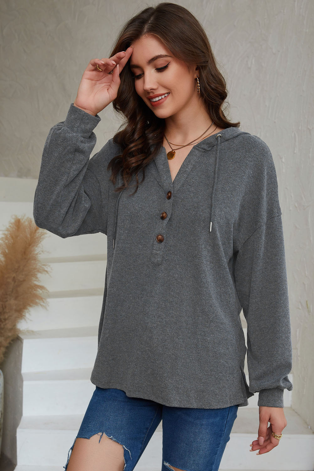 Buttoned High and Low Hem Hoodie