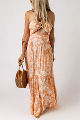 Orange O-ring Cut out Floral Print Strapless Maxi Dress