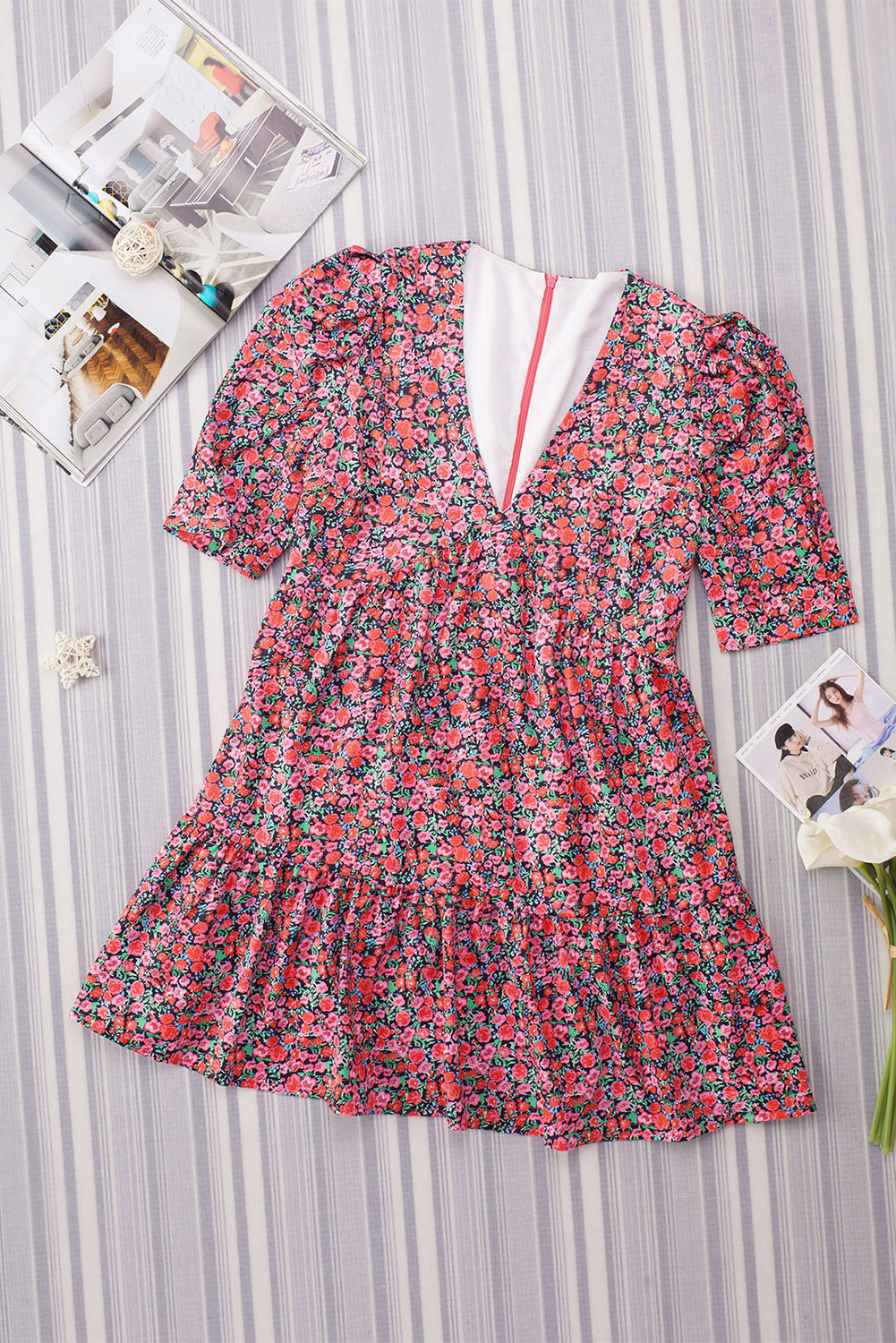 Red Vintage Puff Sleeve Side Pockets Floral Dress
