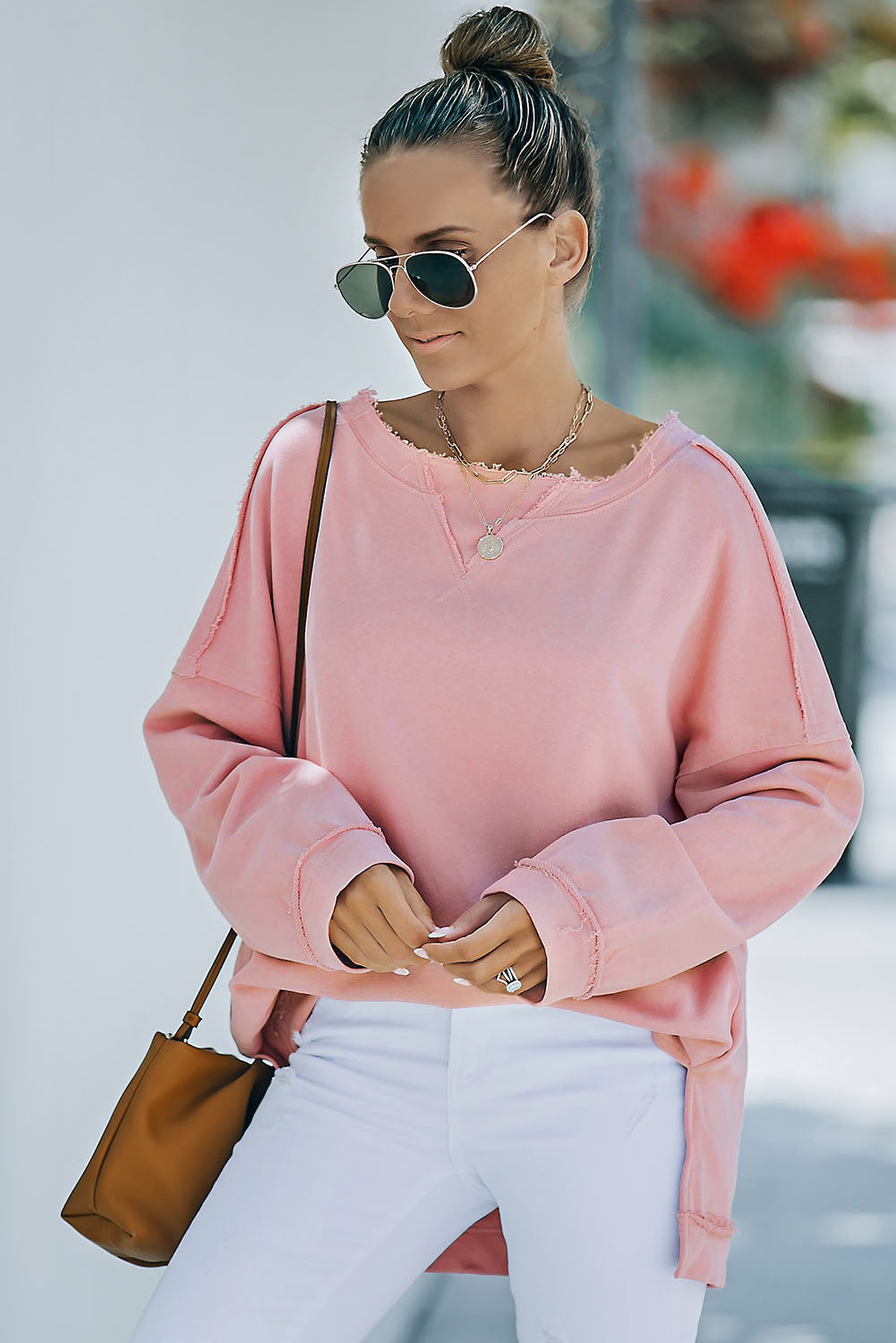 Pink Frayed Trim Side Slit Loose Sweatshirt