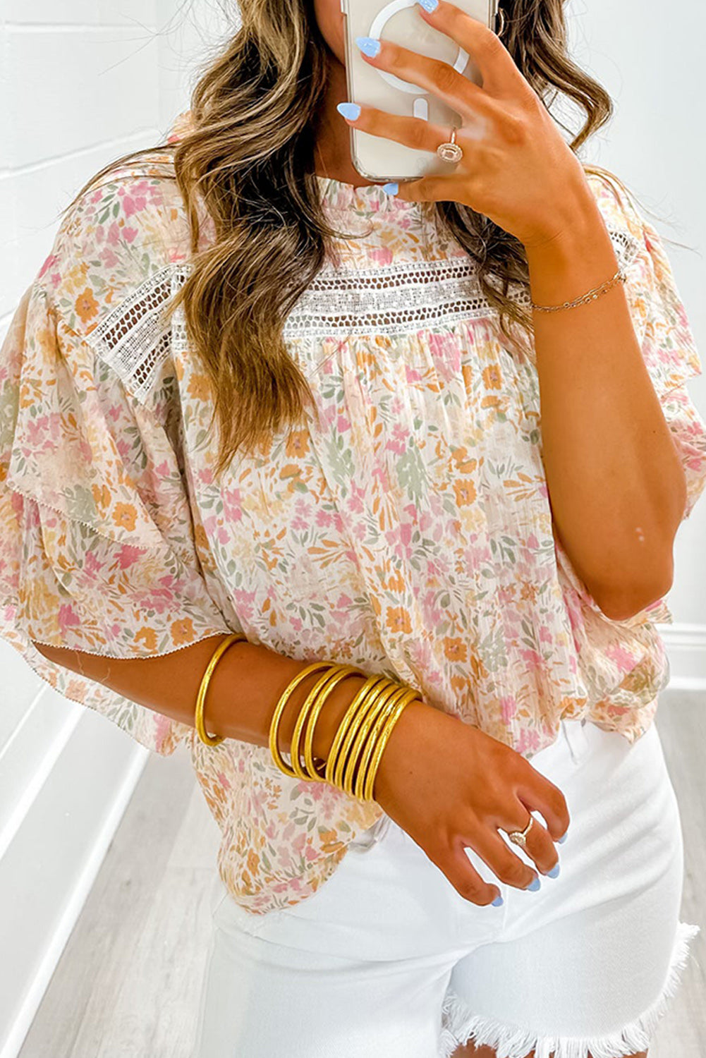 Multicolor Floral Print Wide Ruffle Sleeves Blouse