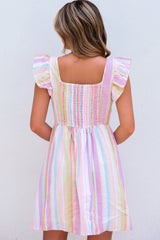 Pink Striped Button Sweetheart Flutter Sleeve Dress
