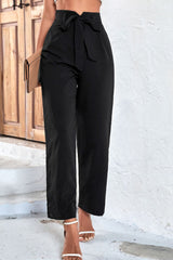 Black Solid Color Tie Waist Wide Leg Pants