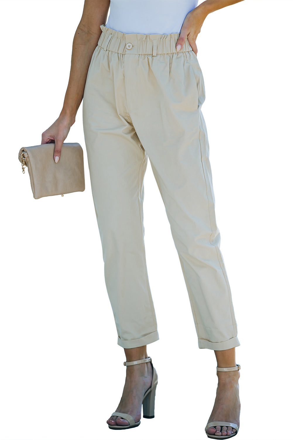 Beige High Rise Paper Bag Waist Pocketed Casual Pants