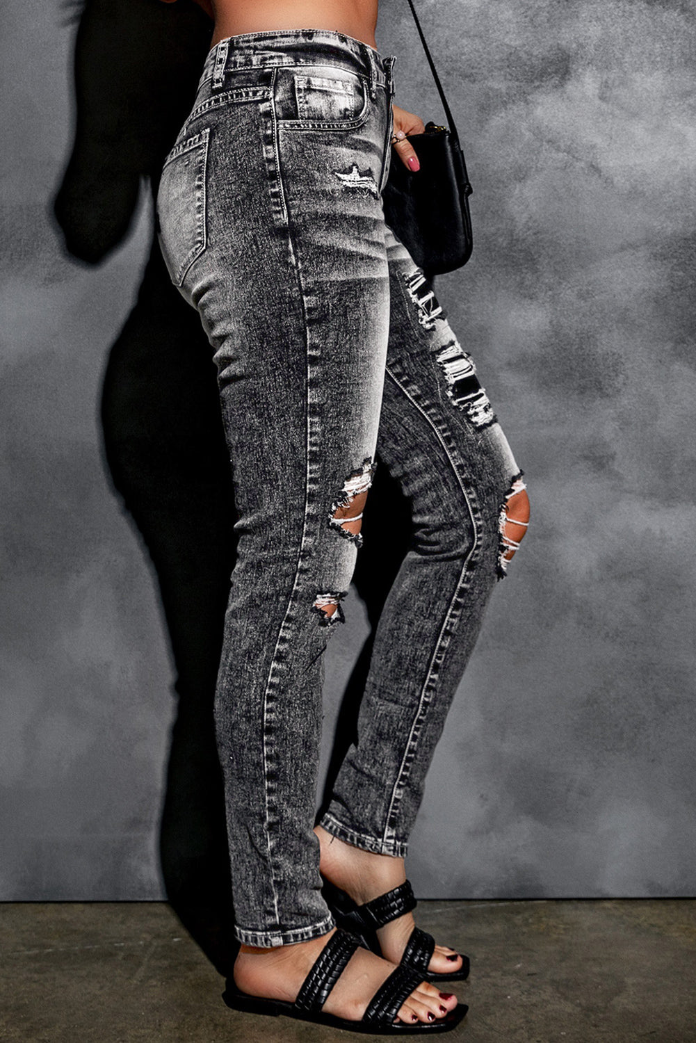 Gray Acid Wash High Rise Ripped Skinny Jeans