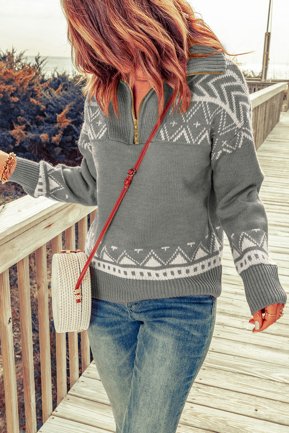 Blue Geometry Knit Quarter Zip Sweater